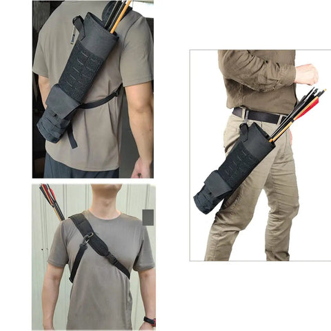 Lightweight Back Archery Quiver, Dual Use Foldable Hip Arrows Bag With MOLLE Pocket in use, polyester, black, fits 18-24 arrows
