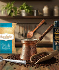 Handmade Copper Turkish Coffee Pot Gift Set For Four Cups 12 Oz Cezve Ibrik With Tinned Interior Engraved Solid Copper Greek Arabic Coffee Maker Olive Wood Spoon And Ground Coffee with grinding scoop and brass polish