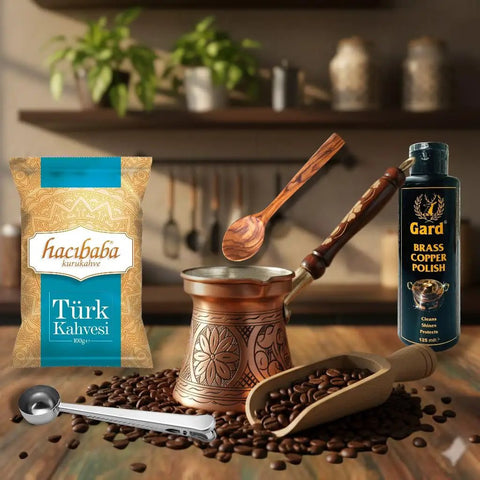 Handmade Copper Turkish Coffee Pot Gift Set For Four Cups 12 Oz Cezve Ibrik With Tinned Interior Engraved Solid Copper Greek Arabic Coffee Maker Olive Wood Spoon And Ground Coffee with grinding scoop and brass polish