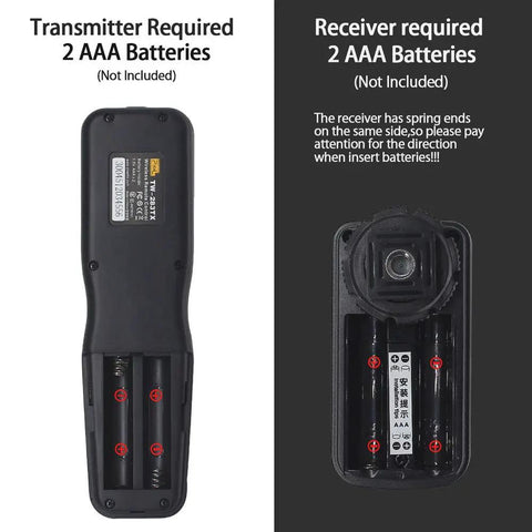 Back view of Wireless Remote Shutter Release for Nikon Cameras showing battery compartments for transmitter and receiver.