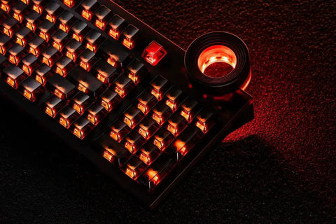 Close-up of 98 Key Silent Mechanical Keyboard With Hot Swappable RGB Lighting And Tri Mode Wireless Setup with red backlighting.