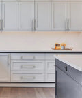 Modern kitchen with Brushed Satin Nickel Cabinet Pulls 5 Inch 128mm Hole Centers Pack of 10 Durable Zinc Alloy Handles installed.