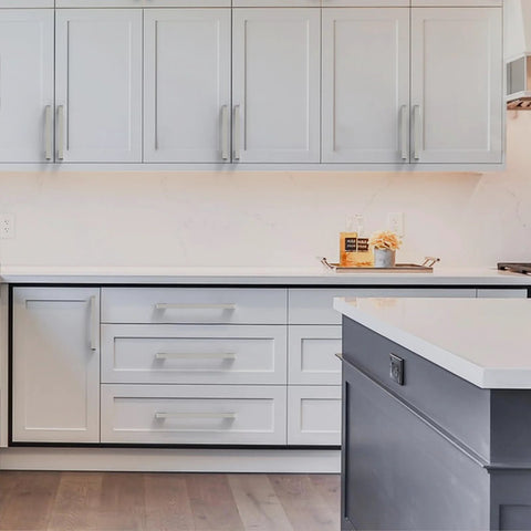Modern kitchen with Brushed Satin Nickel Cabinet Pulls 5 Inch 128mm Hole Centers Pack of 10 Durable Zinc Alloy Handles installed.