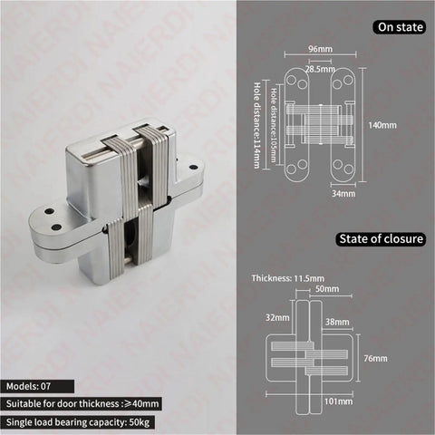 Two Pack Hardcore Hidden Door Hinges Crafted From Top Shelf Rust Resistant Stainless Steel Grade 304 showing open and closed states.
