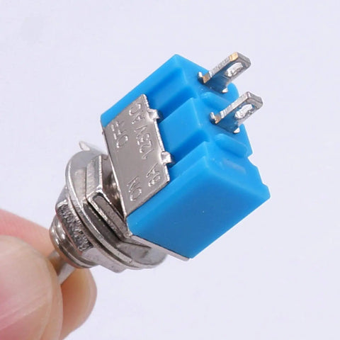 Close-up of SPST Mini Toggle Switch 2 Pin 2 Position On Off 6A 125V Latching Toggle Switch MTS101 with blue and silver metal body