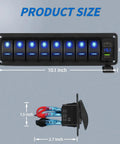 Beefed Up 8 Gang 12V Marine Rocker Switch Panel with PD Type C and USB Charger showing dimensions and side view.