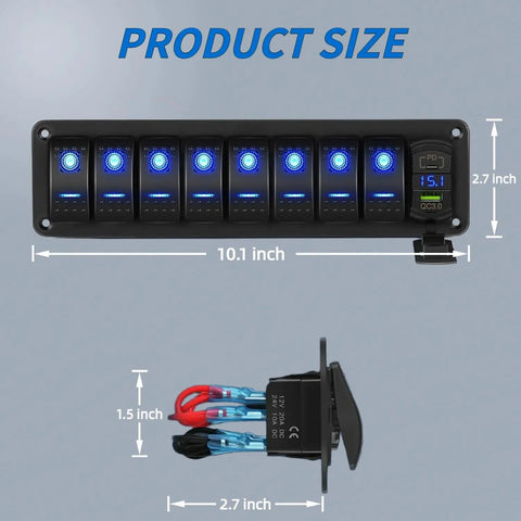 Beefed Up 8 Gang 12V Marine Rocker Switch Panel with PD Type C and USB Charger showing dimensions and side view.