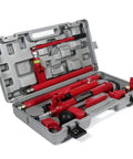 10 Ton Hydraulic Porta Power Kit With Heavy Duty Car Jack Ram For Auto Repair Shop Use in a carrying case showing tools.