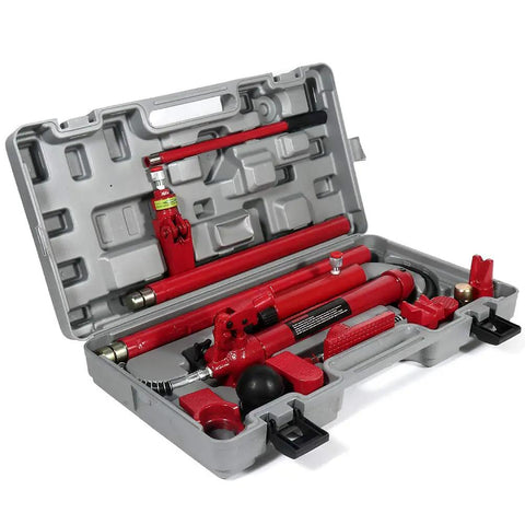 10 Ton Hydraulic Porta Power Kit With Heavy Duty Car Jack Ram For Auto Repair Shop Use in a carrying case showing tools.
