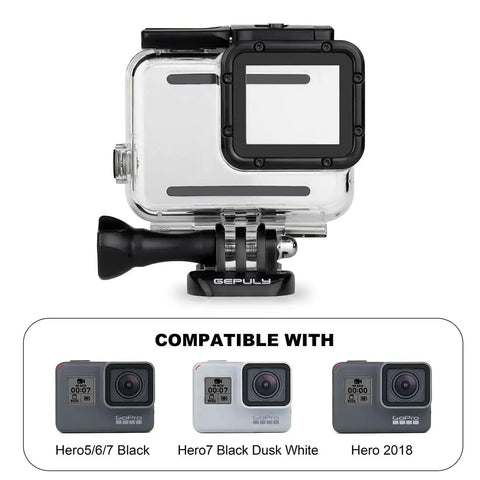 Waterproof Dive Housing Case For GoPro Hero 5 6 7 Black 45 Meter Underwater Protection with tripod bracket displayed with cameras