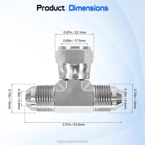 Hardcore Half Inch JIC Hydraulic Tee Adapter With Two Male Ports And One Swivel Female Port 37 Degree SAE J514 Metal To Metal Seal No Teflon Tape Needed Durable High Pressure Fittings For Industrial Hydraulics dimensions diagram, 1/2 in steel tee