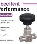 Dialed In Needle Valve NPT 1/4 Inch Male Thread Flow Control Valve, 304 Stainless Steel Metering Valve For Water Gas Oil Steam, with dial and specifications