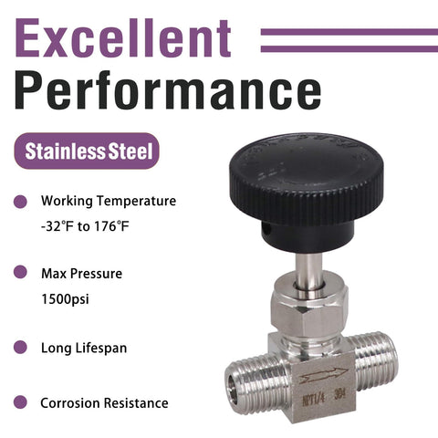 Dialed In Needle Valve NPT 1/4 Inch Male Thread Flow Control Valve, 304 Stainless Steel Metering Valve For Water Gas Oil Steam, with dial and specifications