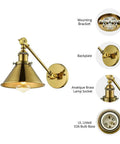 2 Pack Swing Arm Wall Light With Adjustable Brass Finish Sconce And Cone Shade Industrial Vintage Wall Lamp Mounted Lighting Fixture