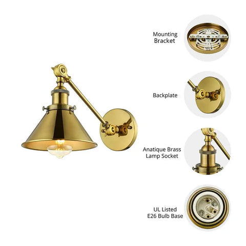 2 Pack Swing Arm Wall Light With Adjustable Brass Finish Sconce And Cone Shade Industrial Vintage Wall Lamp Mounted Lighting Fixture