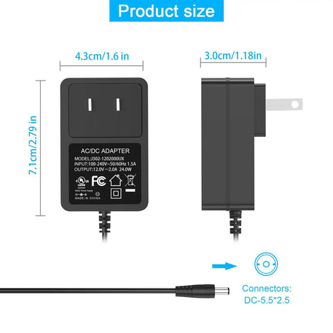 12V 2A Universal AC DC Power Adapter For Telescopes with dimensions and plug type, compatible with NexStar SE and SLT Series LCM Models