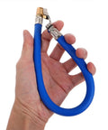 Slick Portable Tire Inflator Hose Extension Kit With Copper Locking Air Chuck 2 Pack Blue For Auto And Motorcycles Easy On The Go Quick Fill Durable Plastic Universal Fit For RV And Campers Home And Garage Car Repair Essentials blue hose with copper locking air chuck in hand