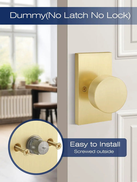 Two Pack Brushed Gold Dummy Door Knobs For Interior Doors Non Functional Decorative Handles For Closets And Pantries Single Side Install Zinc Alloy Build For Easy Push Pull Access brushed gold dummy knob on white interior door