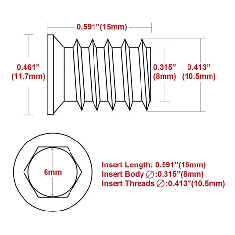Diagram of Heavy Duty 1/4-20 Socket Cap Screws 15mm Long For Furniture And Wood Inserts, hex measurements and dimensions shown