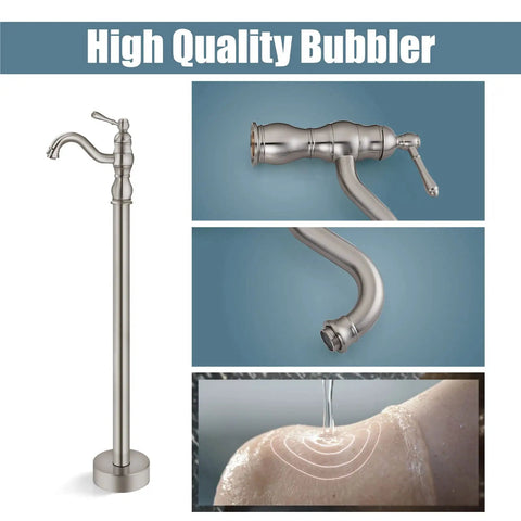 Brushed Nickel Freestanding Bathtub Faucet With Swivel Spout, Vintage Style, Single Handle Floor Mount Tub Filler, Classic Tub Tap