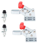 Pair Of Heavy Duty Welding Toggle Clamps Featuring Horizontal Jaw Design And Quick Release Handles For Sick Grip Performance That Locks Material Down Tight Without Any Hassle During Tough Custom Shop Builds with red handles