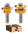 Killer Cut Shaker Cabinet Door Rail And Stile Router Bit Set Two Piece Kit with tungsten carbide heads and wood joint detail.