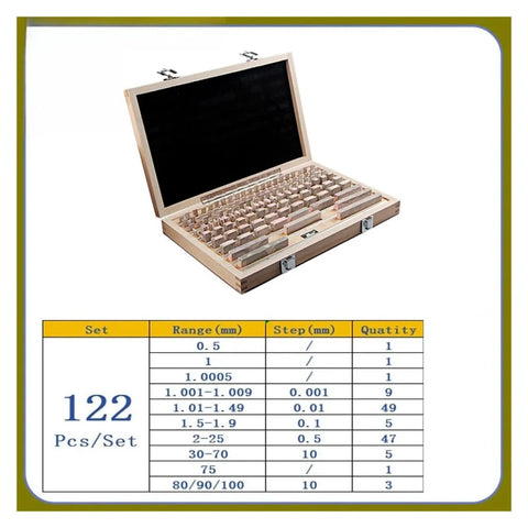 122 Piece HSS Gauge Block Set Dead On Precision Rock Solid Workshop Essential Grade One Measurement Tools For Table Saw Router Setup 0.5 To 100 Mm Range displayed in wooden case.