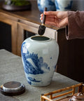 Ceramic Airtight Tea Canister With Heavy Duty Wooden Lid For Loose Leaf Stashing And Coffee Bean Storage Artisan Handpainted Kitchen Jar with spoon