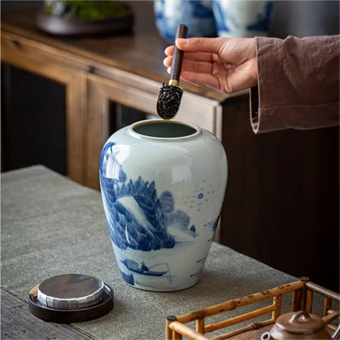 Ceramic Airtight Tea Canister With Heavy Duty Wooden Lid For Loose Leaf Stashing And Coffee Bean Storage Artisan Handpainted Kitchen Jar with spoon