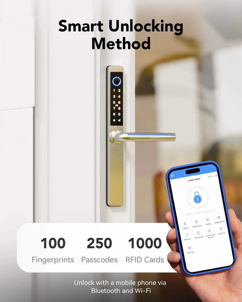 Smart Fingerprint Door Lock With Keypad For Front Door, Childproof Deadbolt To Prevent Escape, IC Card Access, 40 To 90 Mm Multipoint Locking System, Works For Home Security, Not For Patio Mortise Lock, Silver Finish installed on door with phone app