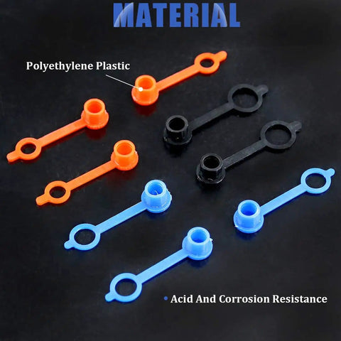 Close-up of color-coded polyethylene caps in red, blue, black for Grease Zerk Fitting Caps 300Pcs Assortment Kit M6 Red M8 Blue M10 Black