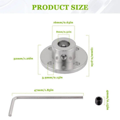 Diagram showing dimensions of 8mm Rigid Flange Coupling Connector with Allen key and screw, ideal for DIY RC motors.
