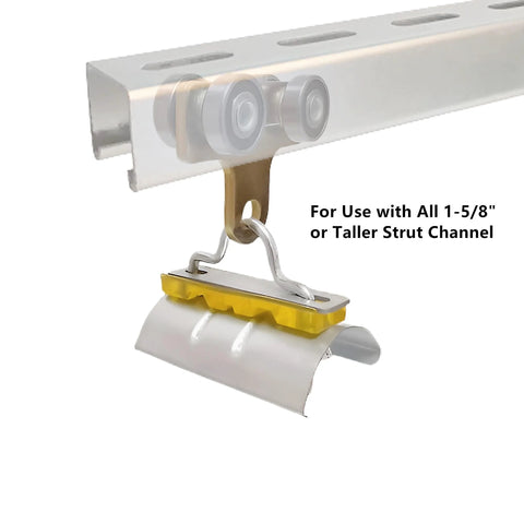 Four Wheel Cable Trolley System with Four Bearing Trolley Assembly installed on 1-5/8 inch strut channel, showcasing smooth operation