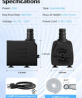 Submersible water pump (400 GPH, 25W), black plastic body; side and front views with cord and hose.