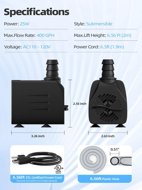Submersible water pump (400 GPH, 25W), black plastic body; side and front views with cord and hose.
