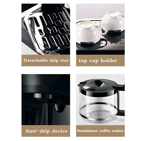 All-In-One Home Coffee Maker And Espresso Machine 2-In-1 Brew System with detachable drip tray, cup holder, anti-drip device, and coffee pot