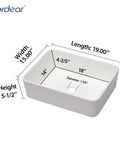 No Cap Quality Rectangular Vessel Sink, White Porcelain Countertop Bathroom Vanity Basin, 19 By 15 Inch dimensions and details.
