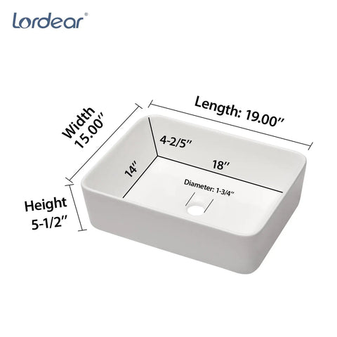 No Cap Quality Rectangular Vessel Sink, White Porcelain Countertop Bathroom Vanity Basin, 19 By 15 Inch dimensions and details.