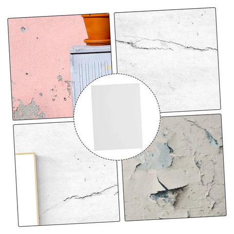 Self Adhesive PVC Siding Patch Kit With 10 Sheets For Quick Wall Panel And Fence Hole Repair Easy No Mess Peel And Stick Application And Maintenance Durable Vinyl Patches For Exterior Surfaces, showcasing a white vinyl patch sheet and repair examples on walls and fences.