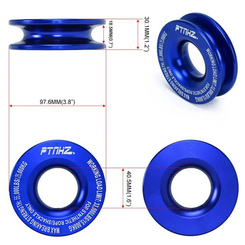 Heavy Duty Winch Snatch Recovery Ring With 55000 Lbs Minimum Break Strength Rope Retention Pulley 6061 aluminum blue, 3.8-inch ring