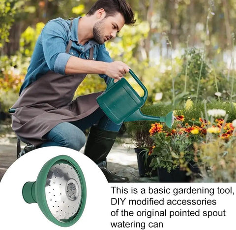 Universal Garden Watering Can Rose Head Sprayer With Gentle Shower Pattern in use, gardener watering plants outdoors
