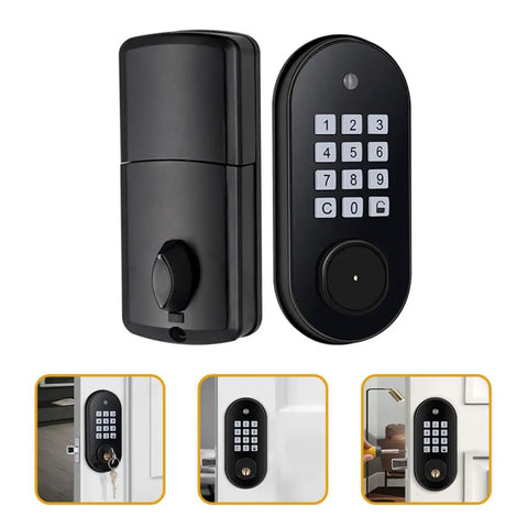 Keyless Entry Electronic Door Lock Deadbolt With Keypad For Front Door Automatic Lock Modern Home Security Setup close-up view