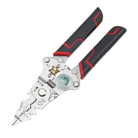 Heavy Duty Electrician Wire Stripper Tools With Built In Voltage Tester And Crimping Pliers, metallic jaws with ergonomic grip, compact design.