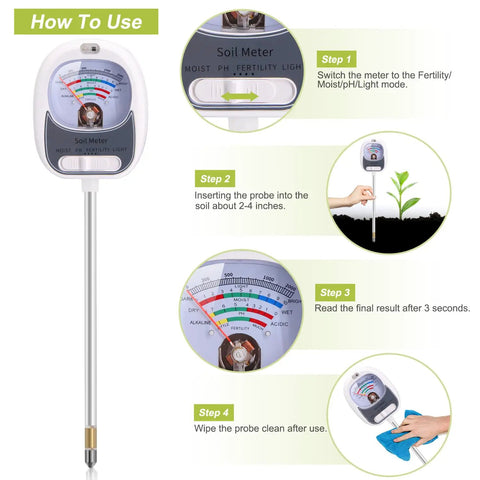 4 In 1 Soil Test Kit With Moisture Meter PH Meter Fertility And Sunlight Meter For Indoor Outdoor Gardening Lawn And Farm Large Dial Reader with usage instructions displayed