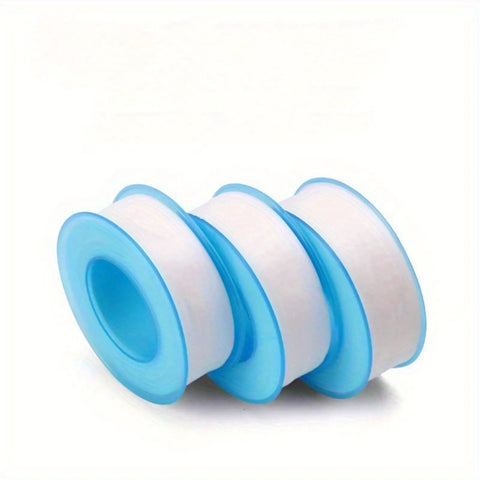 Three rolls of PTFE thread seal tape with blue cores, visible side view. Ten Rolls PTFE Thread Seal Tape For Plumbing And Shower Heads Half Inch Wide Five Hundred Twenty Inches Each Roll Heavy Duty Leakproof Pipe Dope Tape For Water And Air Lines DIY Friendly.