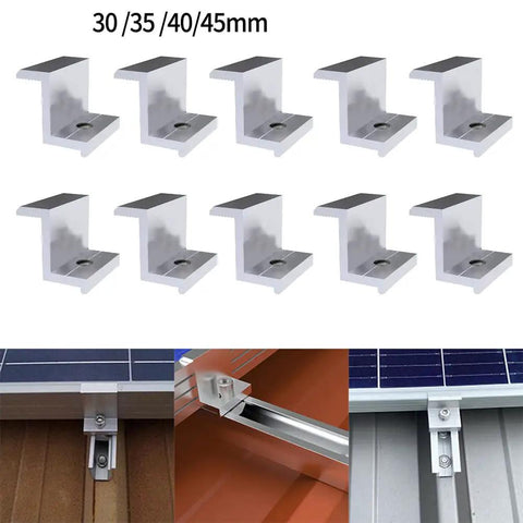 Ten Piece Heavy Duty Solar Panel Mount End Clamps With Rock Solid Aluminum Z Brackets for roof installation on metal surfaces.