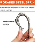 Close-up of 25 ft drain auger clog remover with drill adapter showing flexible metal spring head, 2/5 inch diameter.