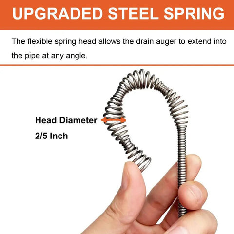 Close-up of 25 ft drain auger clog remover with drill adapter showing flexible metal spring head, 2/5 inch diameter.