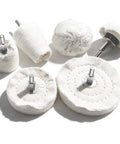 Six Piece Drill Buffing Wheel Kit With Multi Spec Aluminum Polishing Wheels And Pads in various shapes and sizes.