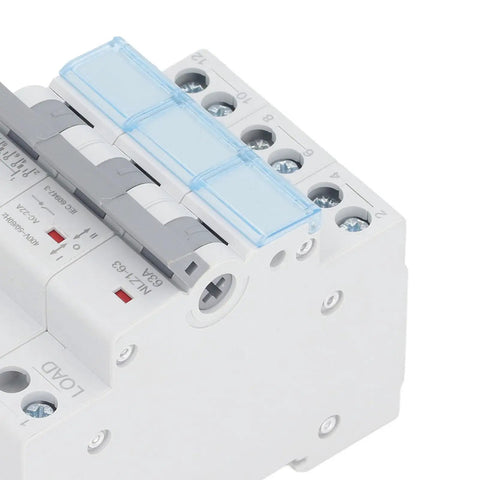 Close-up of Manual Transfer Switch For 400VAC 63A 3 Pole DIN Rail Mount Isolating Circuit Breaker, IP20 Rated